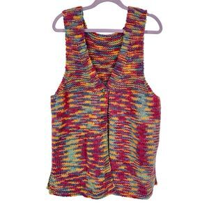 VTG Chunky Knit Rainbow Bright Funky Artsy Eclectic Boho Cardigan Sweater Vest